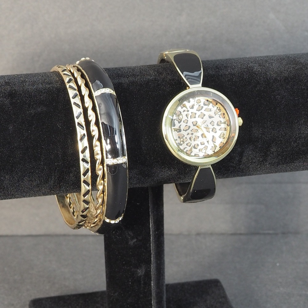 Quartz Watch Bangle Bracelet Match Set Gold Tone Black Enamel Leopard Print Dial
